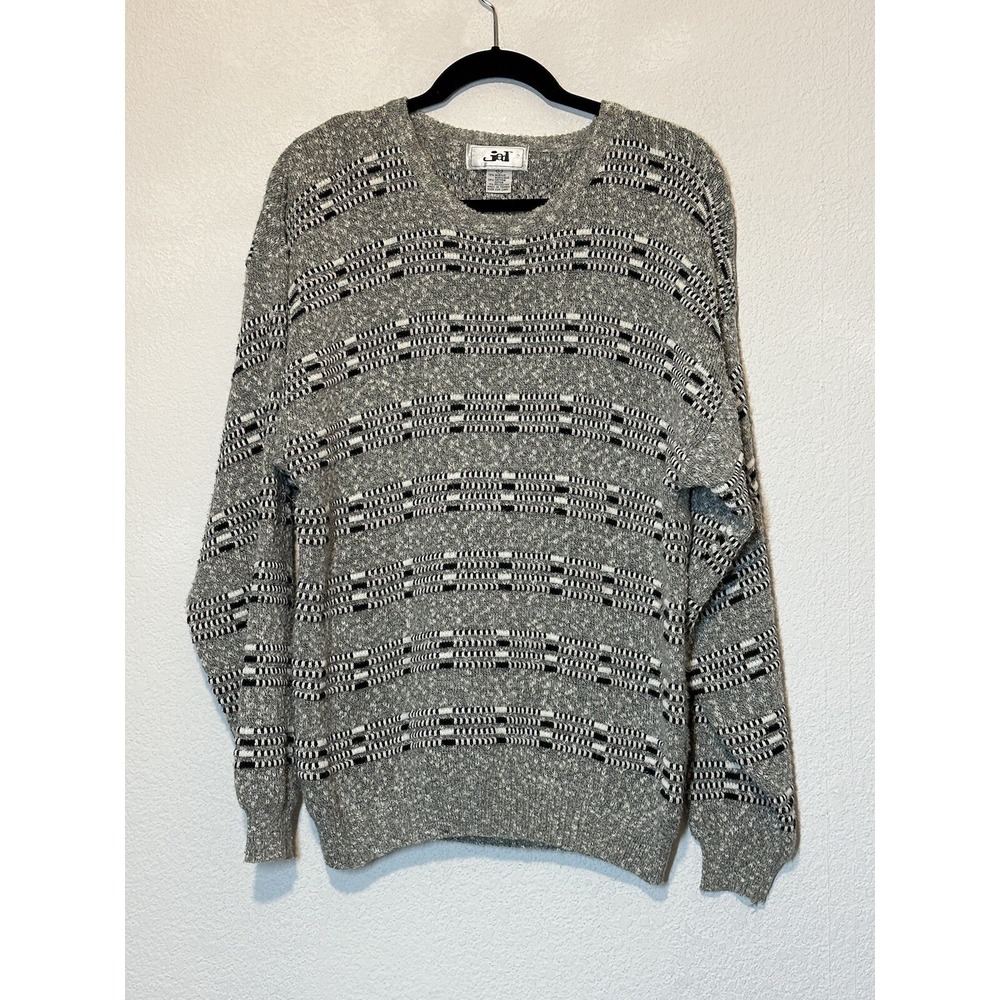 Vintage Mens Large 3D Textured  Knit Sweater Black White‎ Pink Grandpa